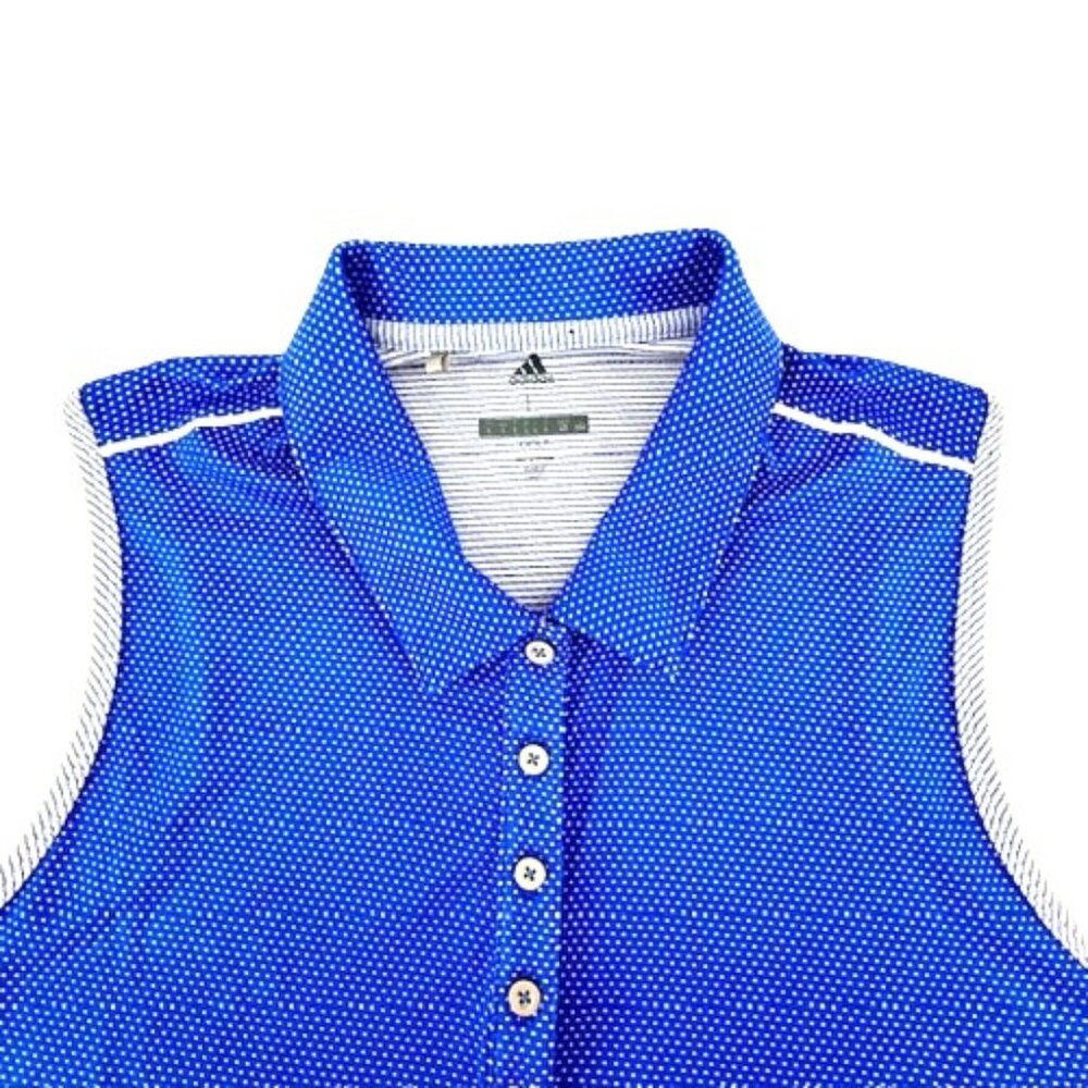 Adidas Women’s Golf Polo Shirt Large Sleeveless Collared Blue White Polka Dot